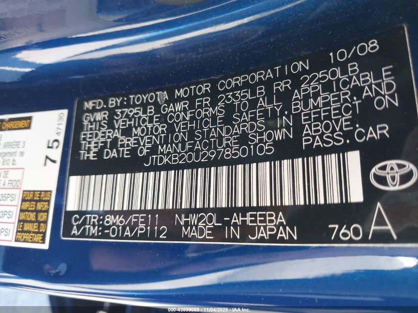 2009 Toyota Prius VIN: JTDKB20U297850105 Lot: 43599069