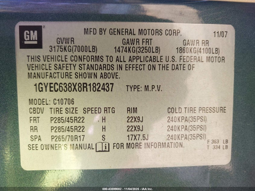2008 Cadillac Escalade Standard VIN: 1GYEC638X8R182437 Lot: 43599082