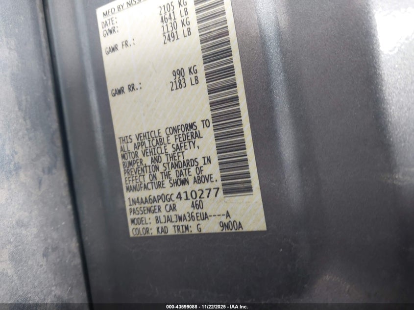 2016 Nissan Maxima 3.5 Sv VIN: 1N4AA6AP0GC410277 Lot: 43599088