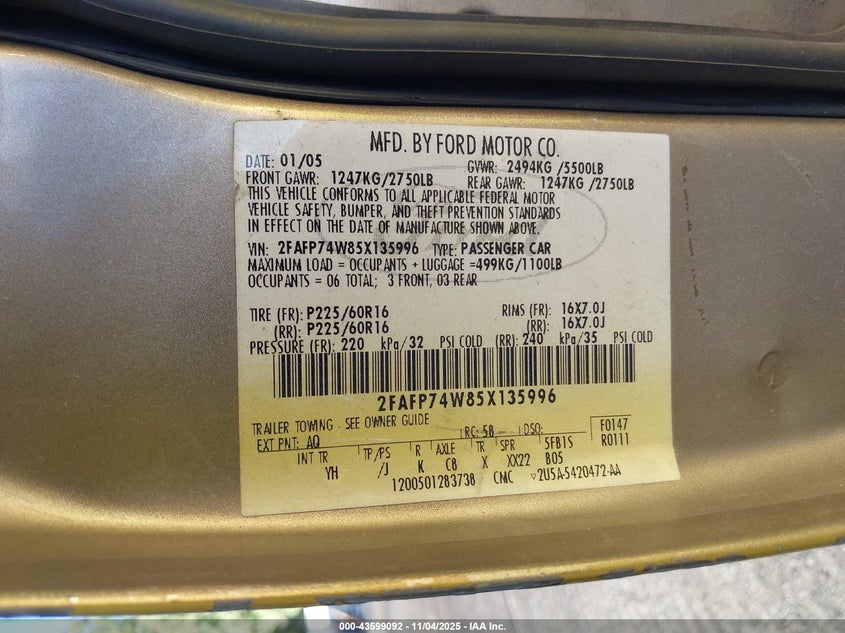 2005 Ford Crown Victoria Lx/Lx Sport VIN: 2FAFP74W85X135996 Lot: 43599092