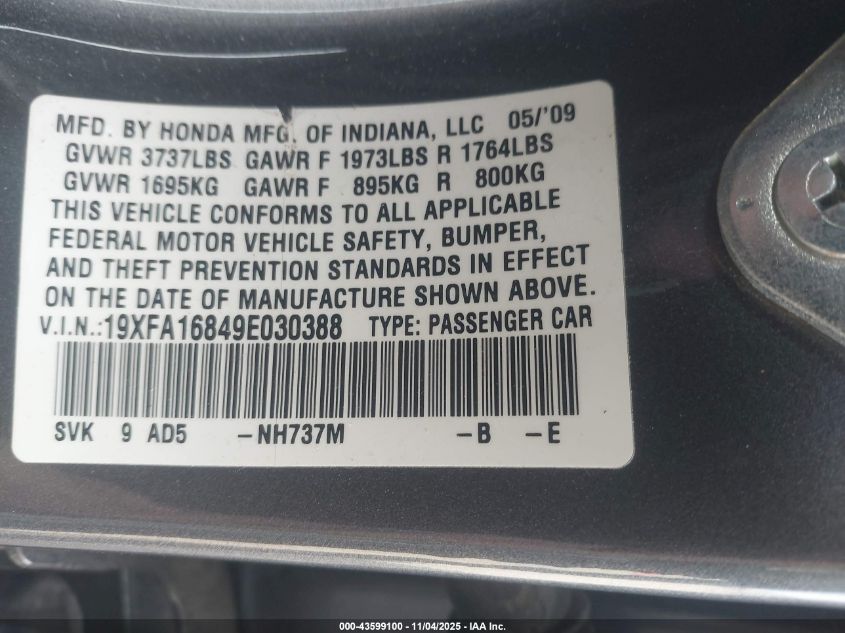 2009 Honda Civic Ex VIN: 19XFA16849E030388 Lot: 43599100