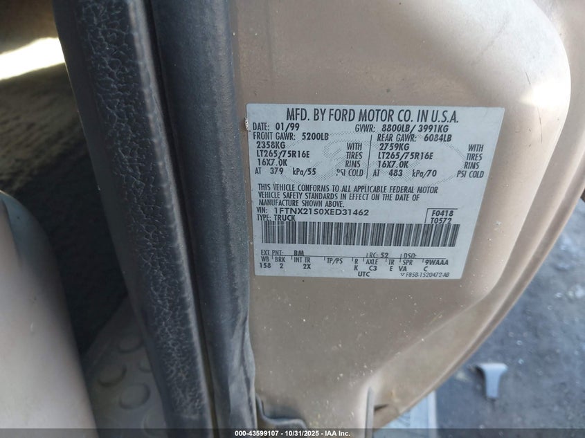 1999 Ford F-250 Lariat/Xl/Xlt VIN: 1FTNX21S0XED31462 Lot: 43599107