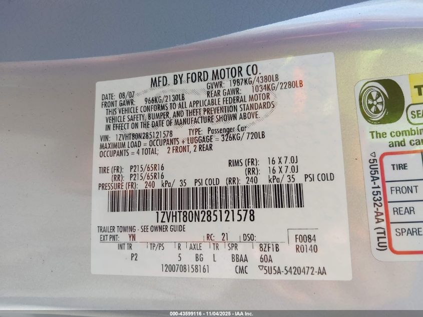 2008 Ford Mustang V6 Deluxe/V6 Premium VIN: 1ZVHT80N285121578 Lot: 43599116