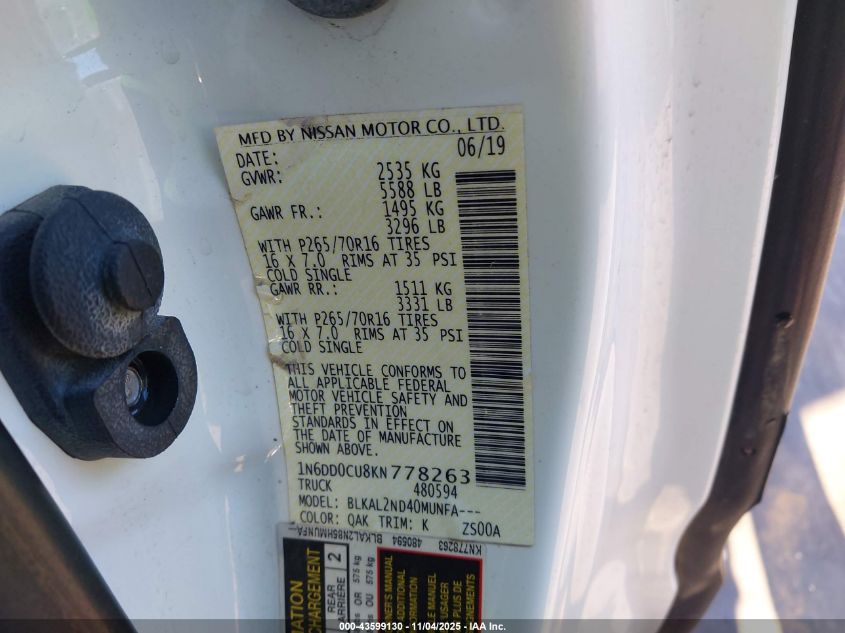 2019 Nissan Frontier Sv VIN: 1N6DD0CU8KN778263 Lot: 43599130