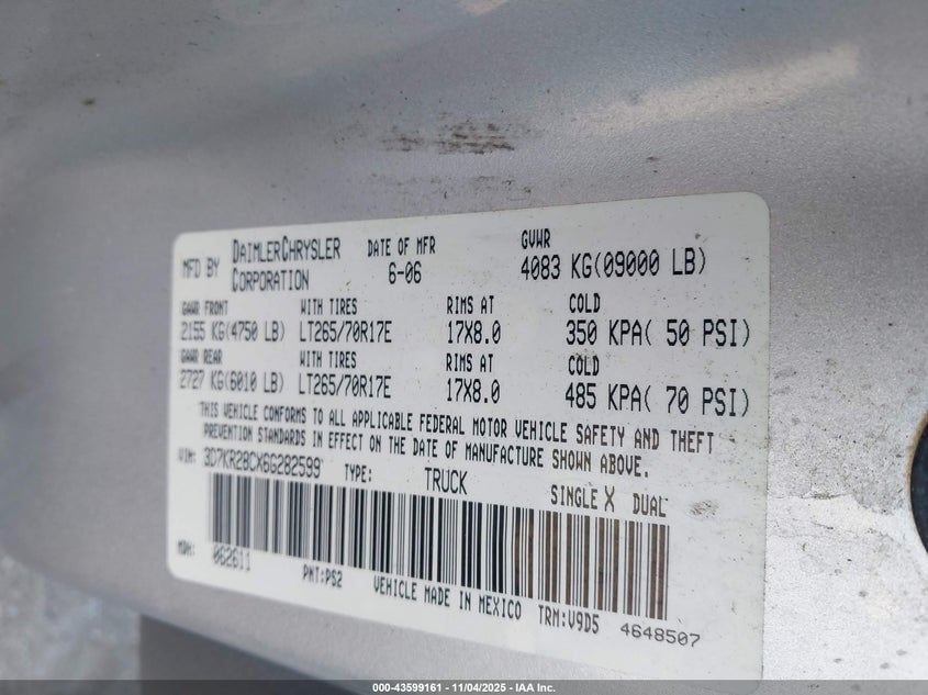 2006 Dodge Ram 2500 Slt/Sport VIN: 3D7KR28CX6G282599 Lot: 43599161