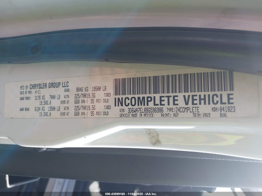 2011 Ram Ram 5500 Hd Chassis St/Slt VIN: 3D6WA7EL8BG596986 Lot: 43599168