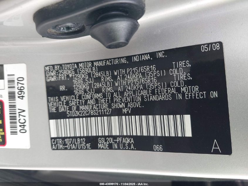 2008 Toyota Sienna Xle VIN: 5TDZK22C78S211127 Lot: 43599170