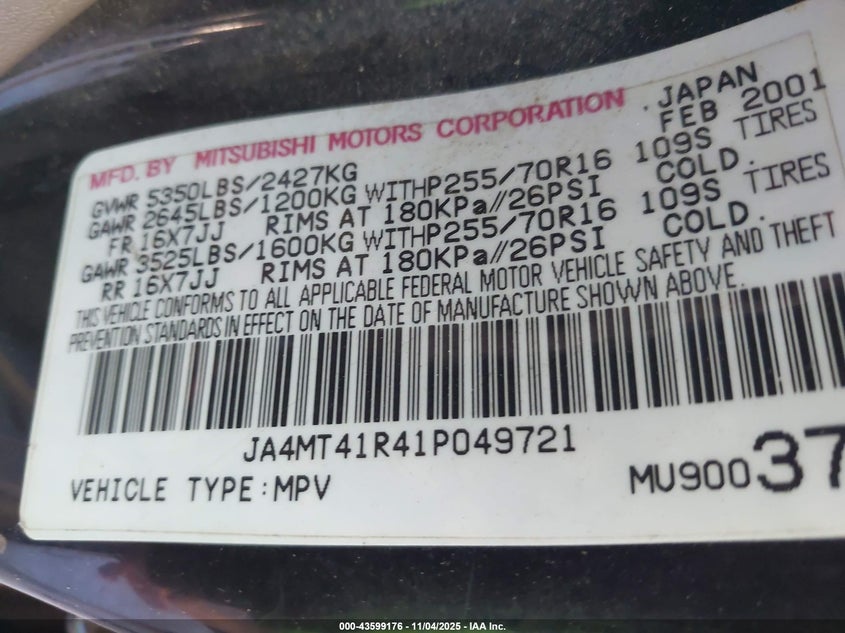 2001 Mitsubishi Montero Sport Ltd VIN: JA4MT41R41P049721 Lot: 43599176