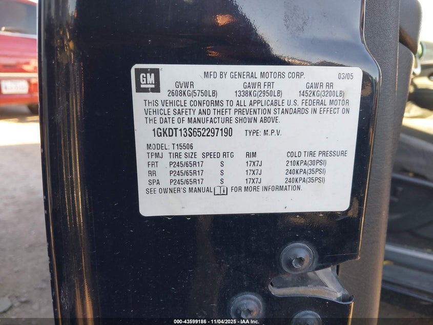 2005 GMC Envoy Sle VIN: 1GKDT13S652297190 Lot: 43599186