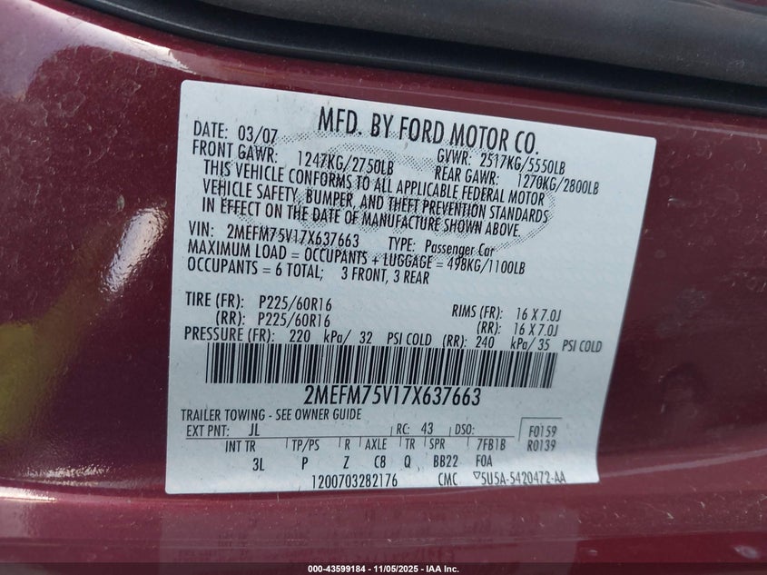 2007 Mercury Grand Marquis Ls VIN: 2MEFM75V17X637663 Lot: 43599184