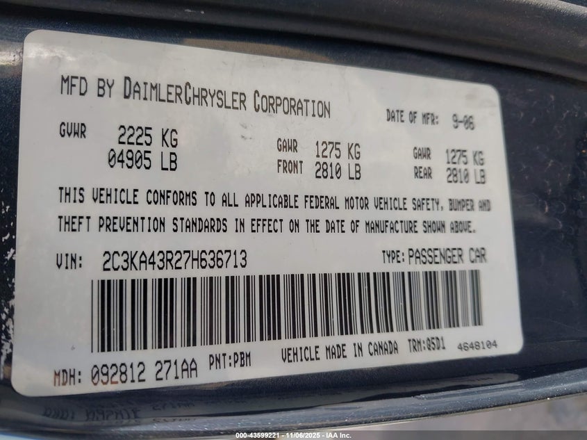 2007 Chrysler 300 VIN: 2C3KA43R27H636713 Lot: 43599221