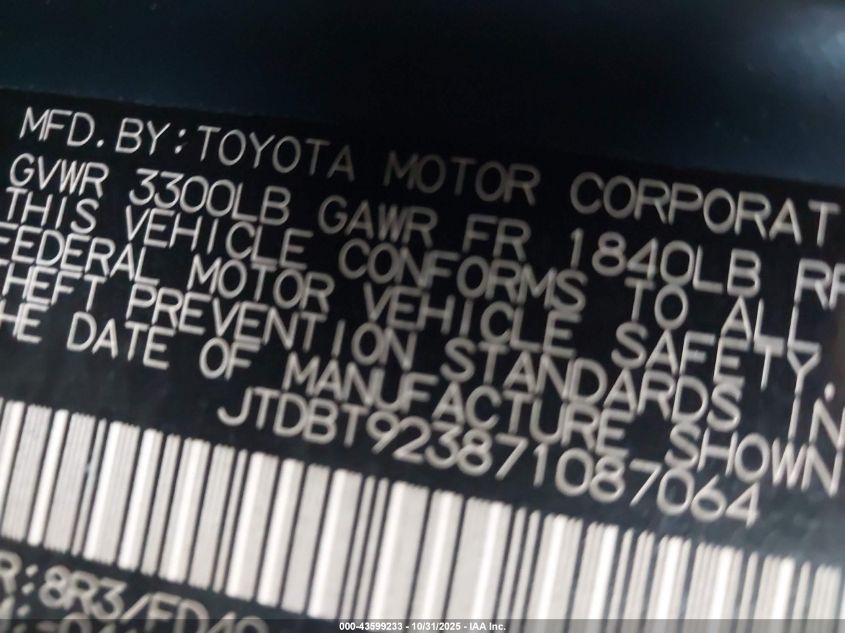 2007 Toyota Yaris VIN: JTDBT923871087064 Lot: 43599233