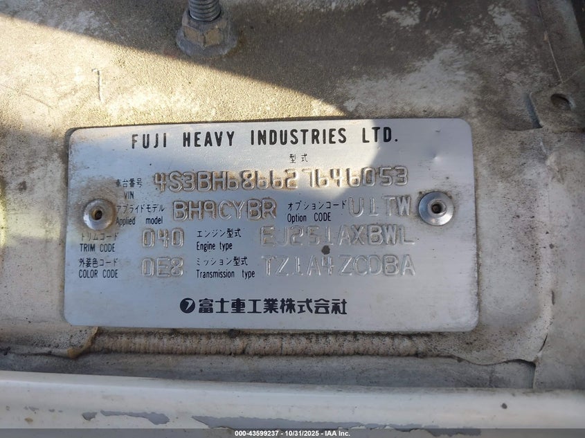 2002 Subaru Outback Limited VIN: 4S3BH686627646053 Lot: 43599237