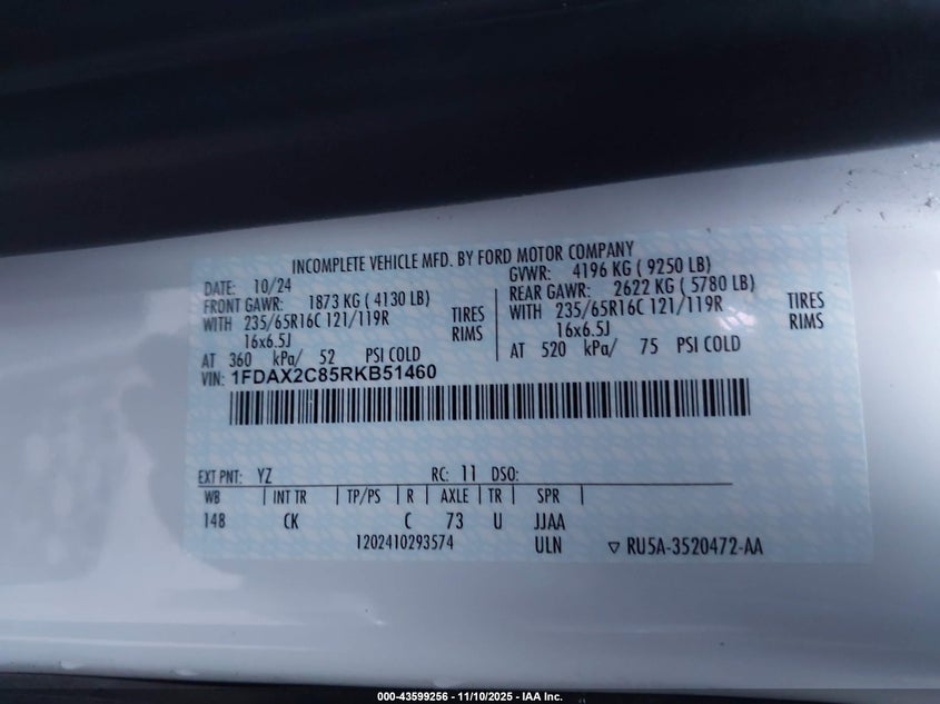 2024 Ford Transit-350 Passenger Van Xl VIN: 1FDAX2C85RKB51460 Lot: 43599256