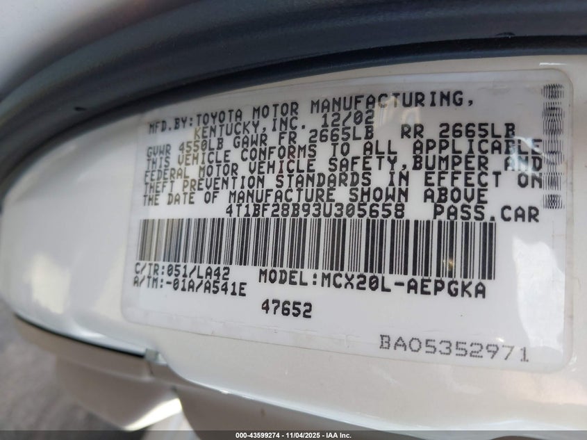 2003 Toyota Avalon Xls VIN: 4T1BF28B93U305658 Lot: 43599274