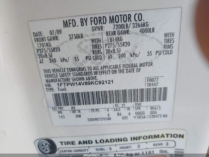 2009 Ford F-150 Fx4/King Ranch/Lariat/Platinum/Xl/Xlt VIN: 1FTPW14V89KC92121 Lot: 43599276