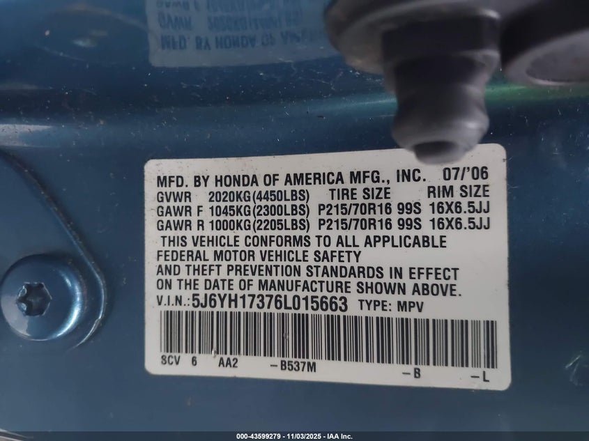 2006 Honda Element Lx VIN: 5J6YH17376L015663 Lot: 43599279