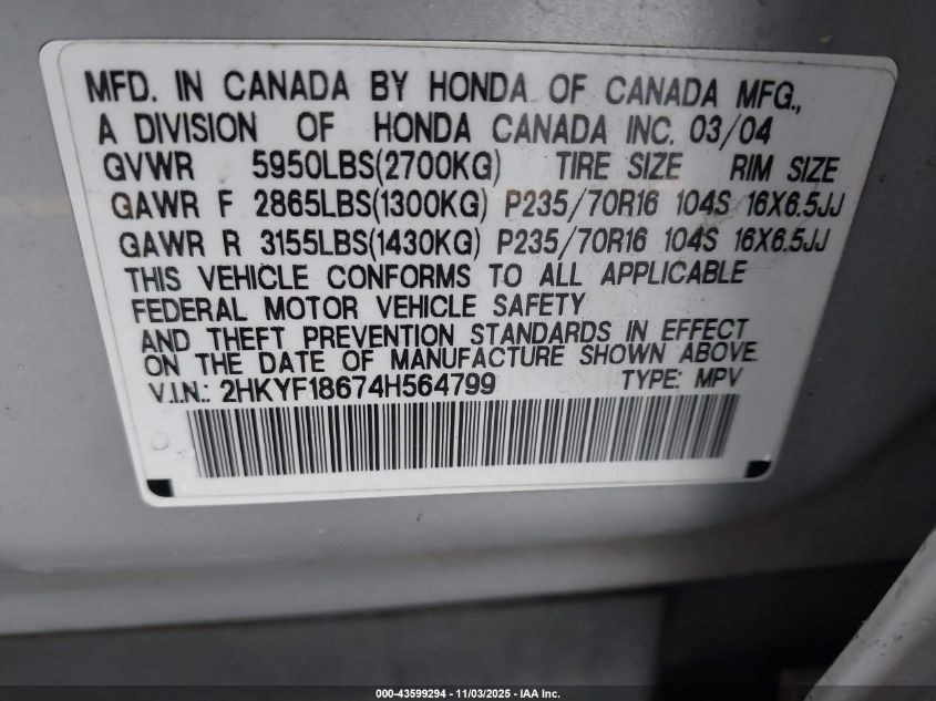 2004 Honda Pilot Ex-L VIN: 2HKYF18674H564799 Lot: 43599294