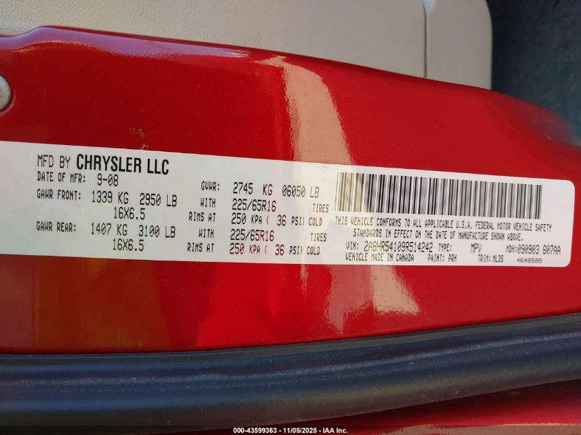 2009 Chrysler Town & Country Touring VIN: 2A8HR54109R514242 Lot: 43599363