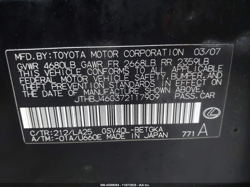 JTHBJ46G372117909 2007 LEXUS ES photo no. 9