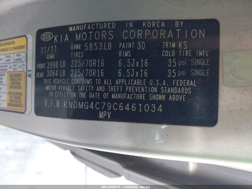 2012 Kia Sedona Lx VIN: KNDMG4C79C6461034 Lot: 43599375