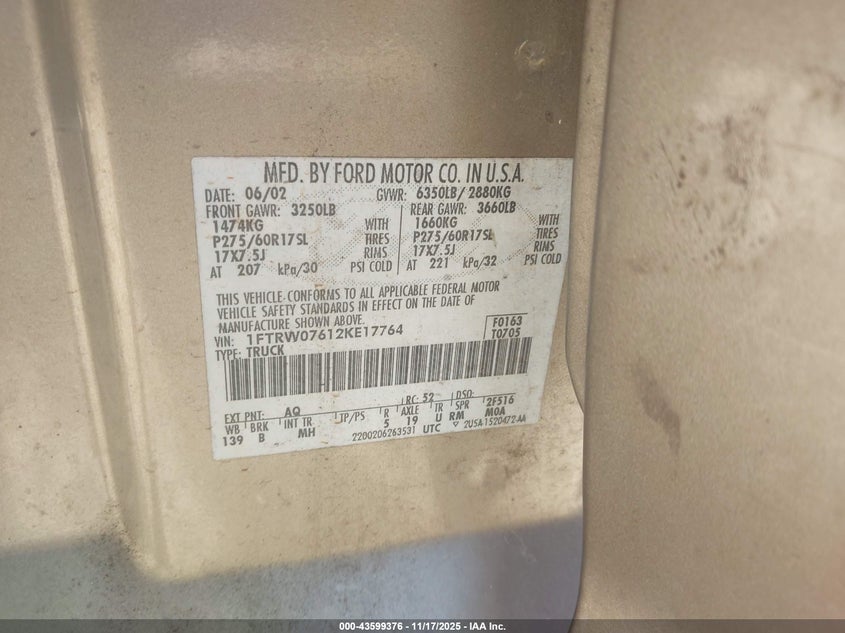 2002 Ford F-150 Lariat/Xlt VIN: 1FTRW07612KE17764 Lot: 43599376