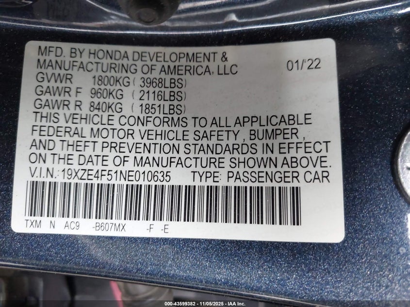 2022 HONDA INSIGHT EX 19XZE4F51NE010635