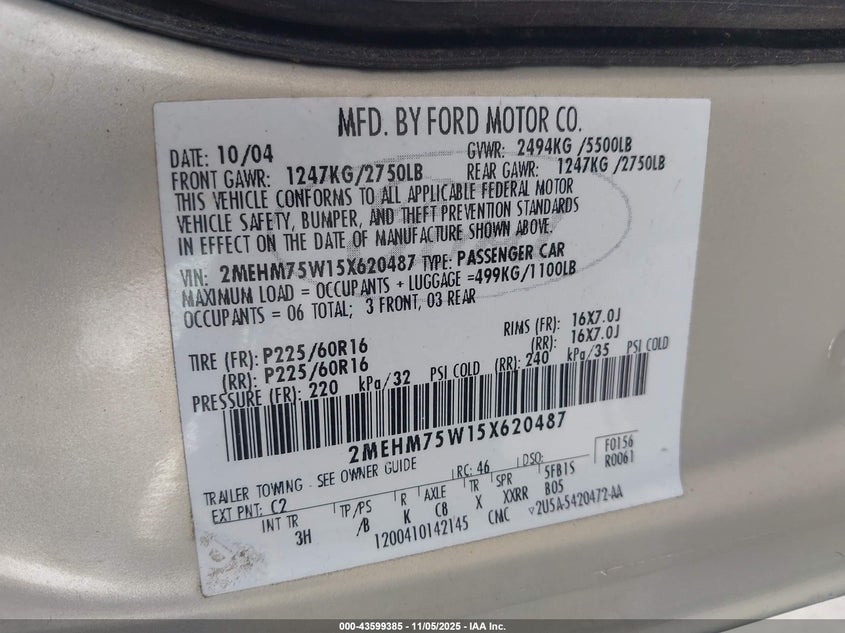 2005 Mercury Grand Marquis Ls/Lse VIN: 2MEHM75W15X620487 Lot: 43599385