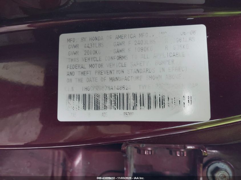 2008 Honda Accord 2.4 Ex-L VIN: 1HGCP26878A148624 Lot: 43599410