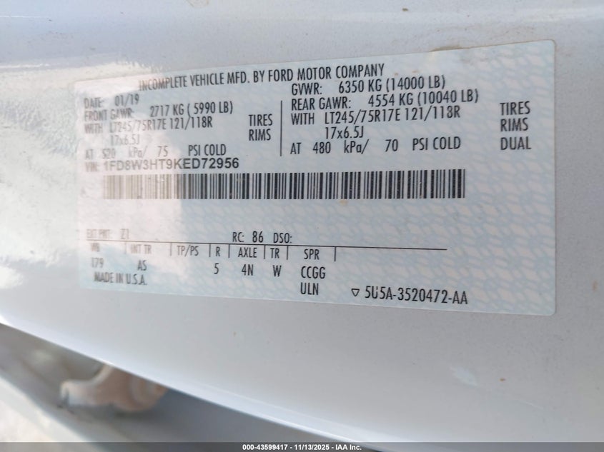 2019 Ford F-350 Chassis Xl VIN: 1FD8W3HT9KED72956 Lot: 43599417