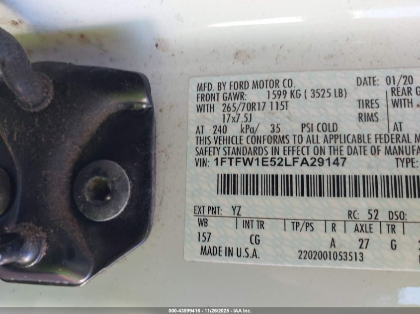 2020 Ford F-150 Xl VIN: 1FTFW1E52LFA29147 Lot: 43599416