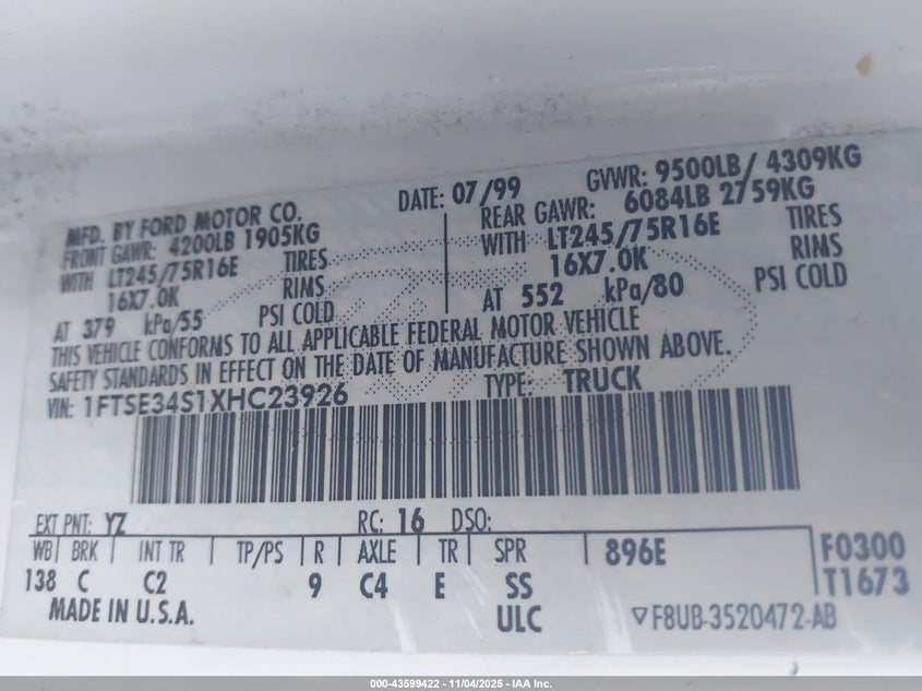 1999 Ford E-350 Super Duty Commercial/Recreational VIN: 1FTSE34S1XHC23926 Lot: 43599422