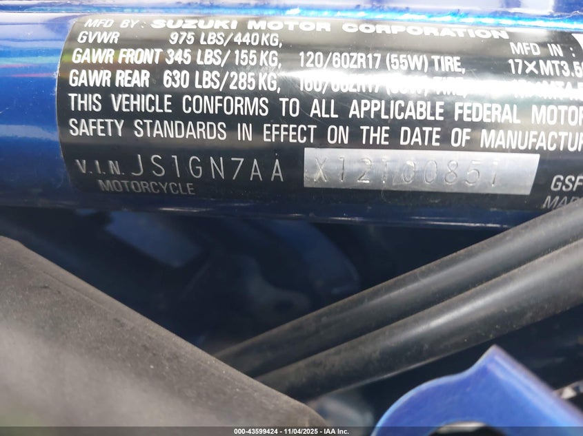 2001 Suzuki Gsf600 S VIN: JS1GN7AAX12100851 Lot: 43599424