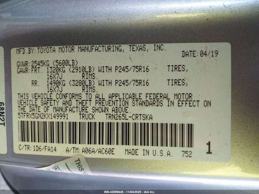 2019 Toyota Tacoma Sr VIN: 5TFRX5GN2KX149991 Lot: 43599448