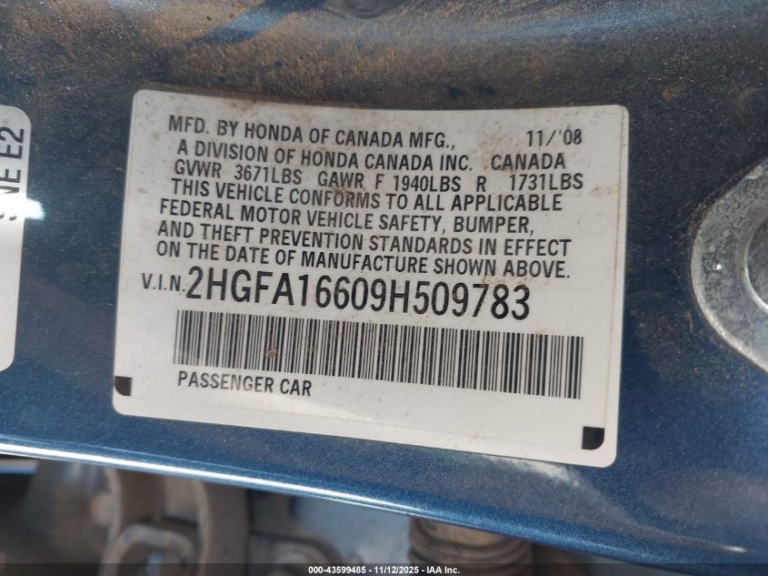 2009 Honda Civic Lx-S VIN: 2HGFA16609H509783 Lot: 43599485