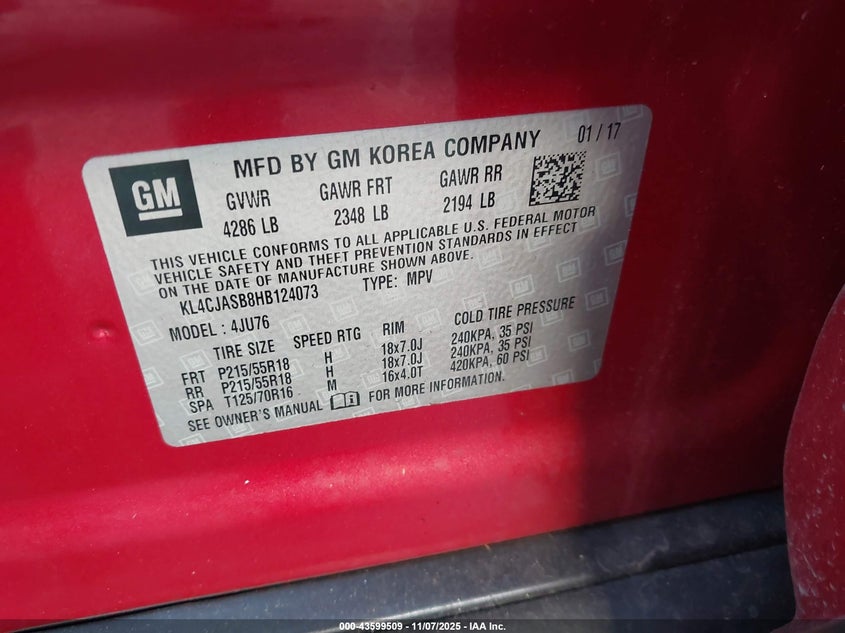 2017 Buick Encore Preferred VIN: KL4CJASB8HB124073 Lot: 43599509