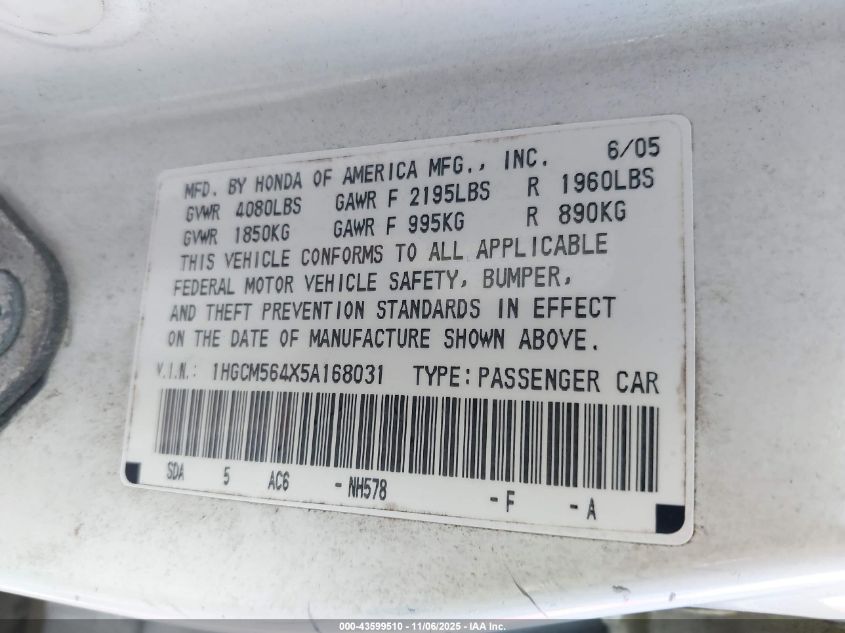 2005 Honda Accord 2.4 Lx VIN: 1HGCM564X5A168031 Lot: 43599510