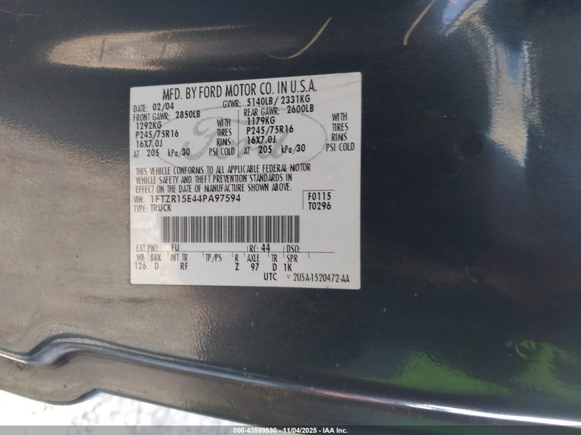2004 Ford Ranger Xlt VIN: 1FTZR15E44PA97594 Lot: 43599530
