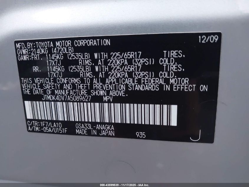 2010 Toyota Rav4 Limited V6 VIN: JTMDK4DV7A5089627 Lot: 43599539