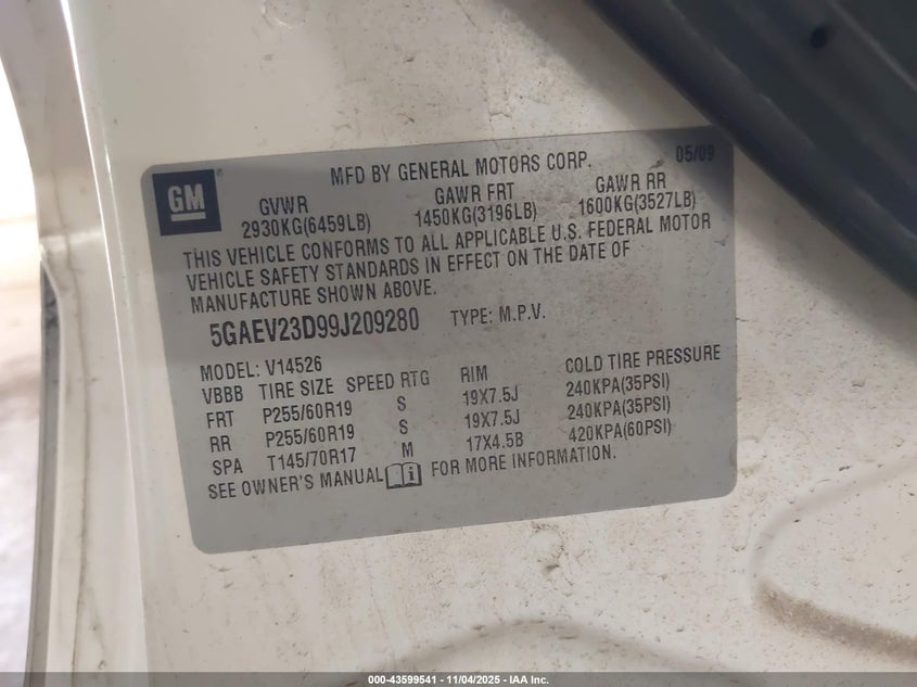 2009 Buick Enclave Cxl VIN: 5GAEV23D99J209280 Lot: 43599541