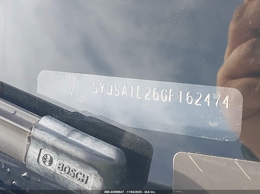 2016 Tesla Model S 60D/70D/75D/85D/90D VIN: 5YJSA1E26GF162474 Lot: 43599547