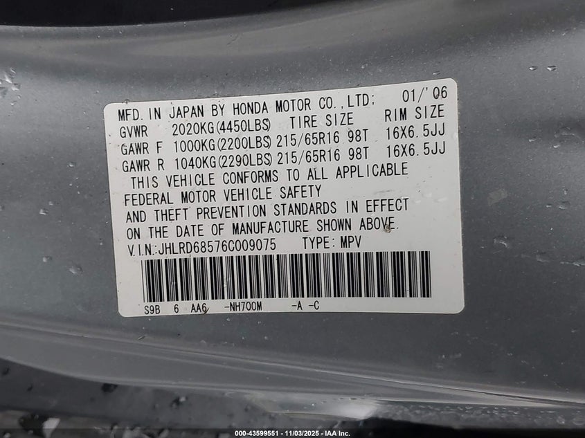 2006 Honda Cr-V Lx VIN: JHLRD68576C009075 Lot: 43599551