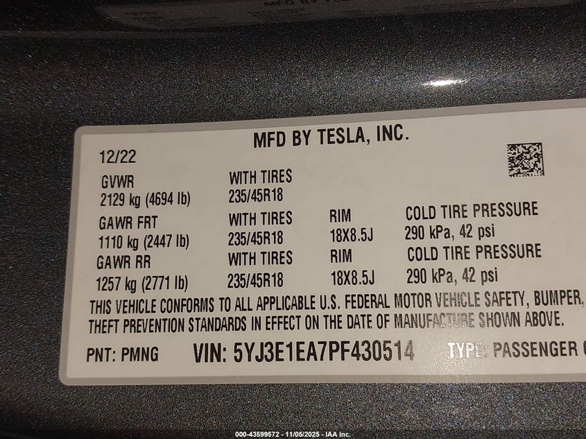 2023 Tesla Model 3 Rear-Wheel Drive VIN: 5YJ3E1EA7PF430514 Lot: 43599572