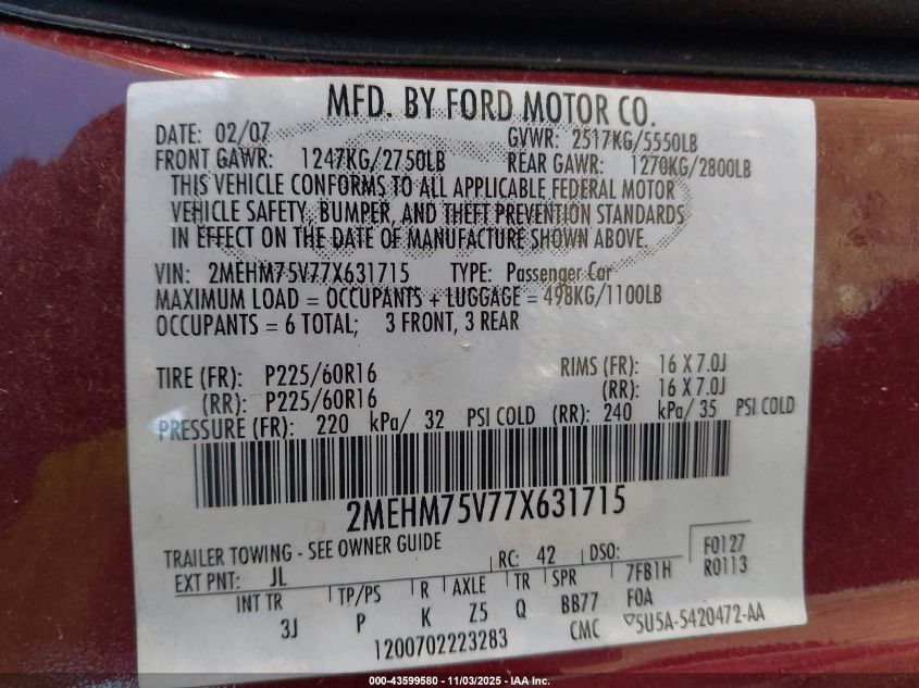 2007 Mercury Grand Marquis Ls VIN: 2MEHM75V77X631715 Lot: 43599580