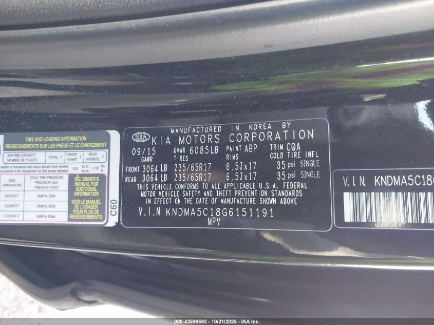 2016 Kia Sedona L VIN: KNDMA5C18G6151191 Lot: 43599593