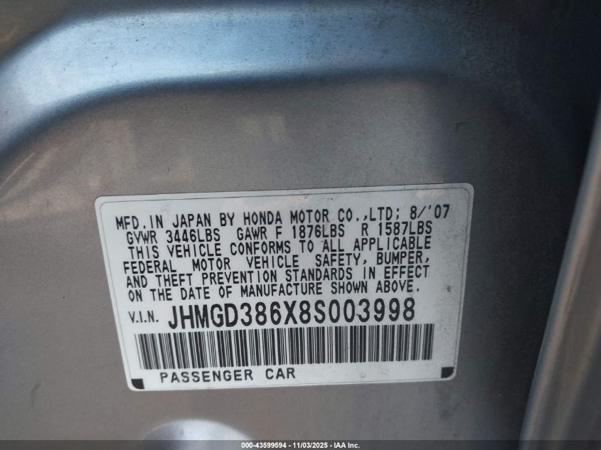 2008 Honda Fit Sport VIN: JHMGD386X8S003998 Lot: 43599594