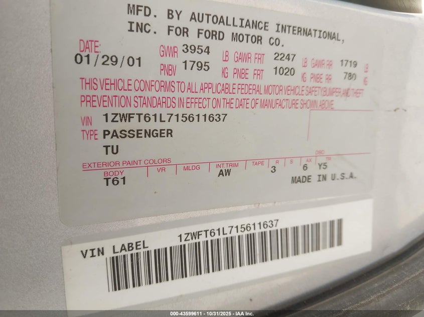 2001 Mercury Cougar V6/V6 S VIN: 1ZWFT61L715611637 Lot: 43599611