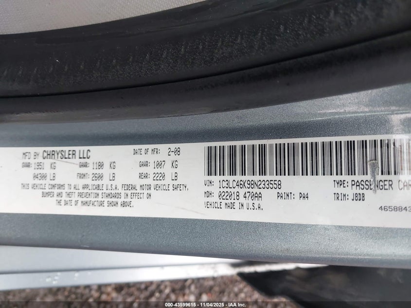 2008 Chrysler Sebring Lx VIN: 1C3LC46K98N233558 Lot: 43599615