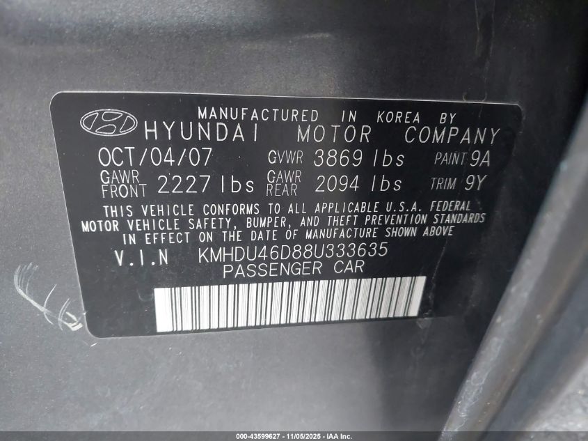 2008 Hyundai Elantra Gls/Se VIN: KMHDU46D88U333635 Lot: 43599627