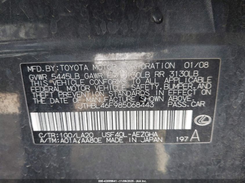 2008 Lexus Ls 460 VIN: JTHBL46F985068443 Lot: 43599641